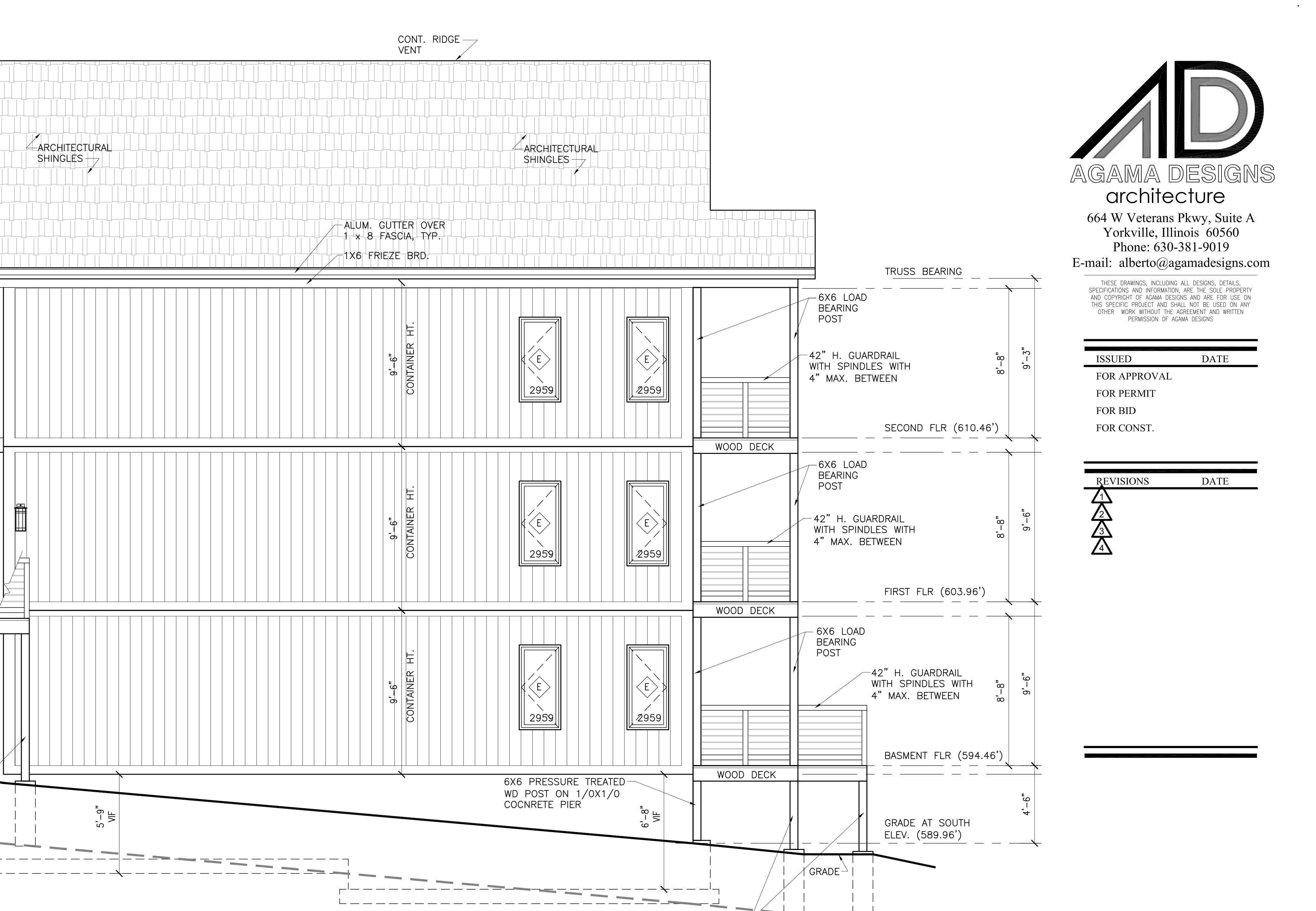 Fox Haven rear elevation blueprint – South view with tiered decks
